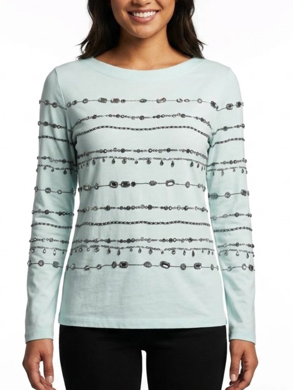 ELLE Whimsygoth Jewelry Graphic Top XL Trompe L’oeil Gem Print Long Sleeve
